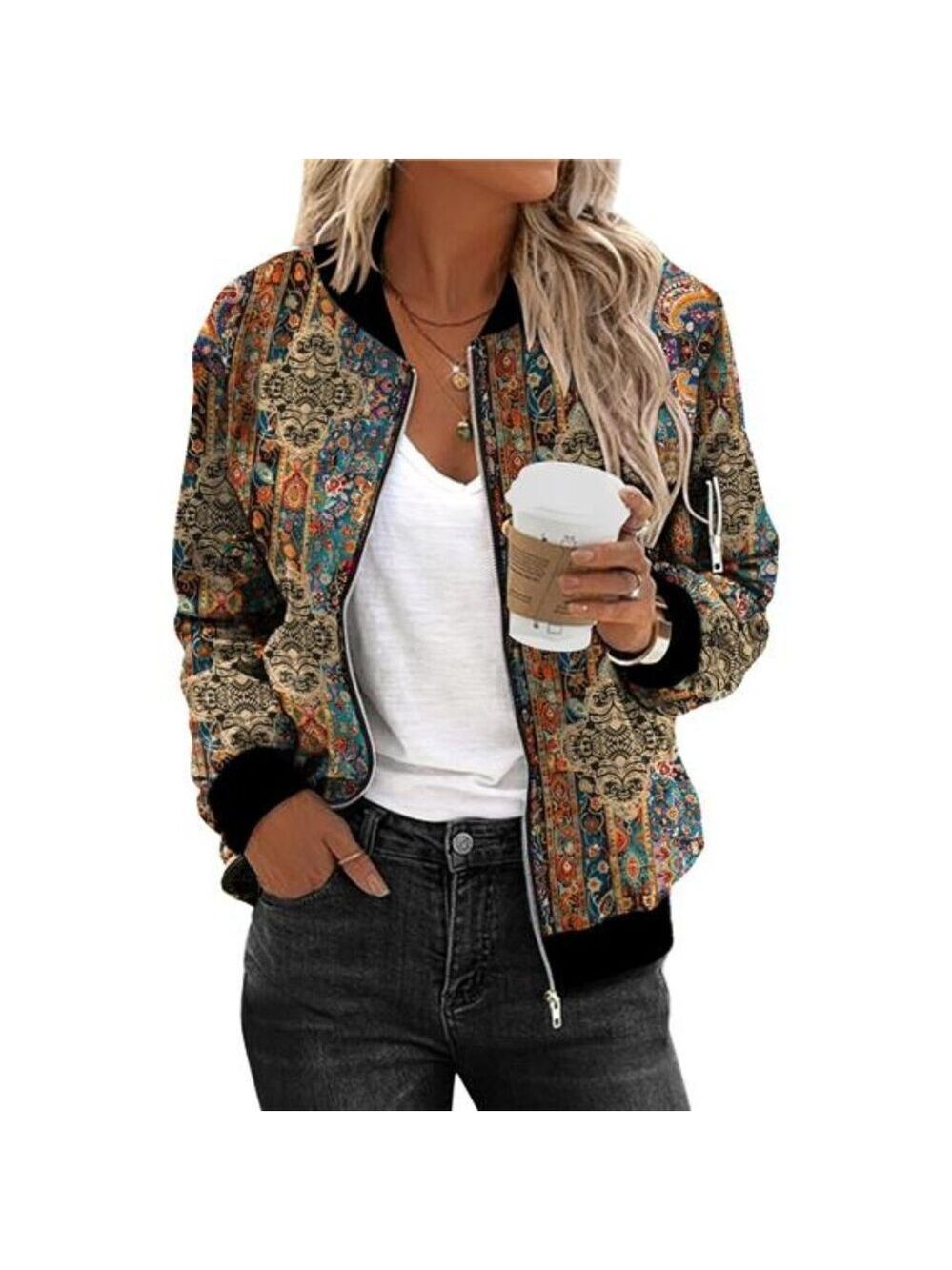 Womens Bomber Jacket Zip Up Lightweight Casual Spring Fall Coat Pockets Flight